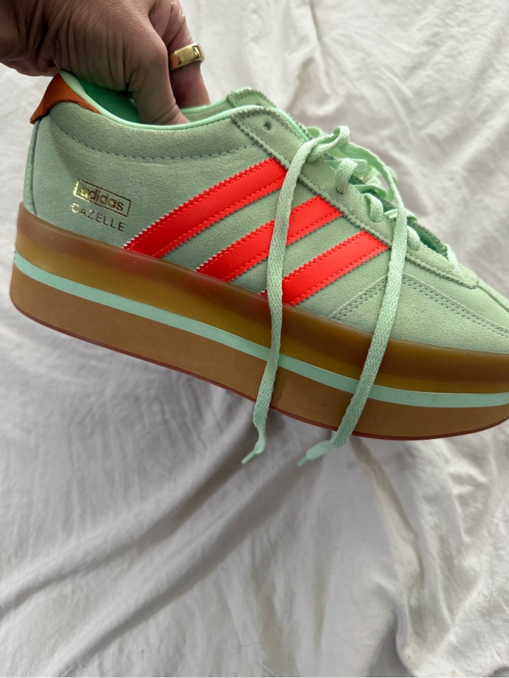Adidas stacked gazelle Platform Sneaker in Mint with Coral Stripes